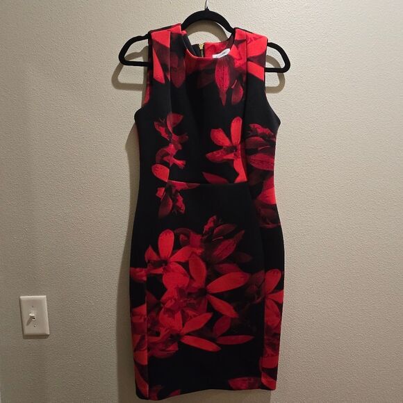 Calvin Klein Floral Scuba Red Black Dress Sz 10 - Picture 1 of 3
